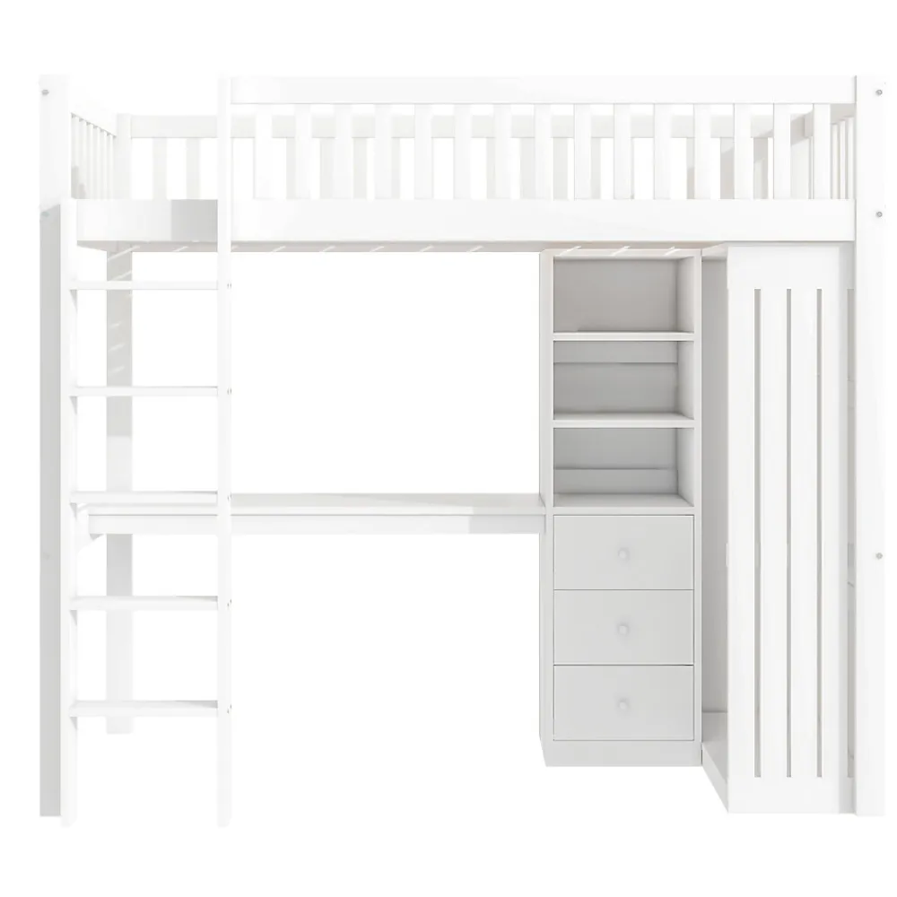 Lit Mezzanine Simple 90x200 cm - En Bois, Avec Bureau et Armoire, Escalier avec Rangements Intégrés - Sans Matelas - Blanc>Okwish Sale