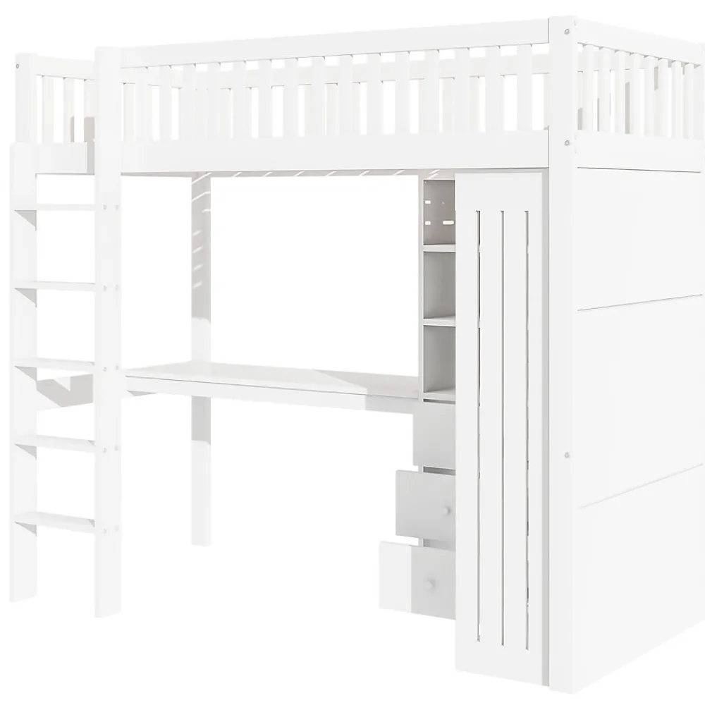 Lit Mezzanine Simple 90x200 cm - En Bois, Avec Bureau et Armoire, Escalier avec Rangements Intégrés - Sans Matelas - Blanc>Okwish Sale