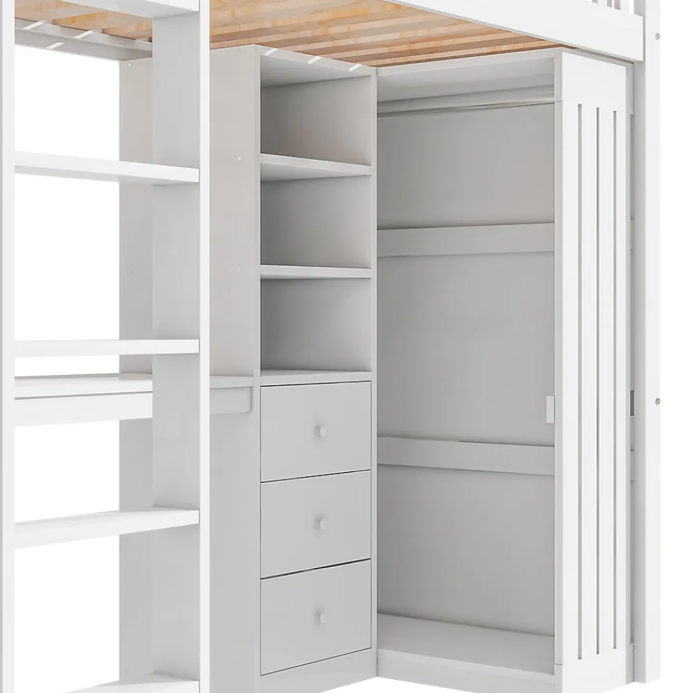 Lit Mezzanine Simple 90x200 cm - En Bois, Avec Bureau et Armoire, Escalier avec Rangements Intégrés - Sans Matelas - Blanc>Okwish Sale