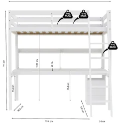 Weber Industries Lit mezzanine STUDIO 90x190 + 1 sommier + caisson 3 tiroirs + bureau + étagère / Blanc* Lit Mezzanine