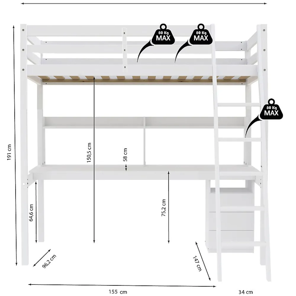 Weber Industries Lit mezzanine STUDIO 90x190 + 1 sommier + caisson 3 tiroirs + bureau + étagère / Blanc* Lit Mezzanine