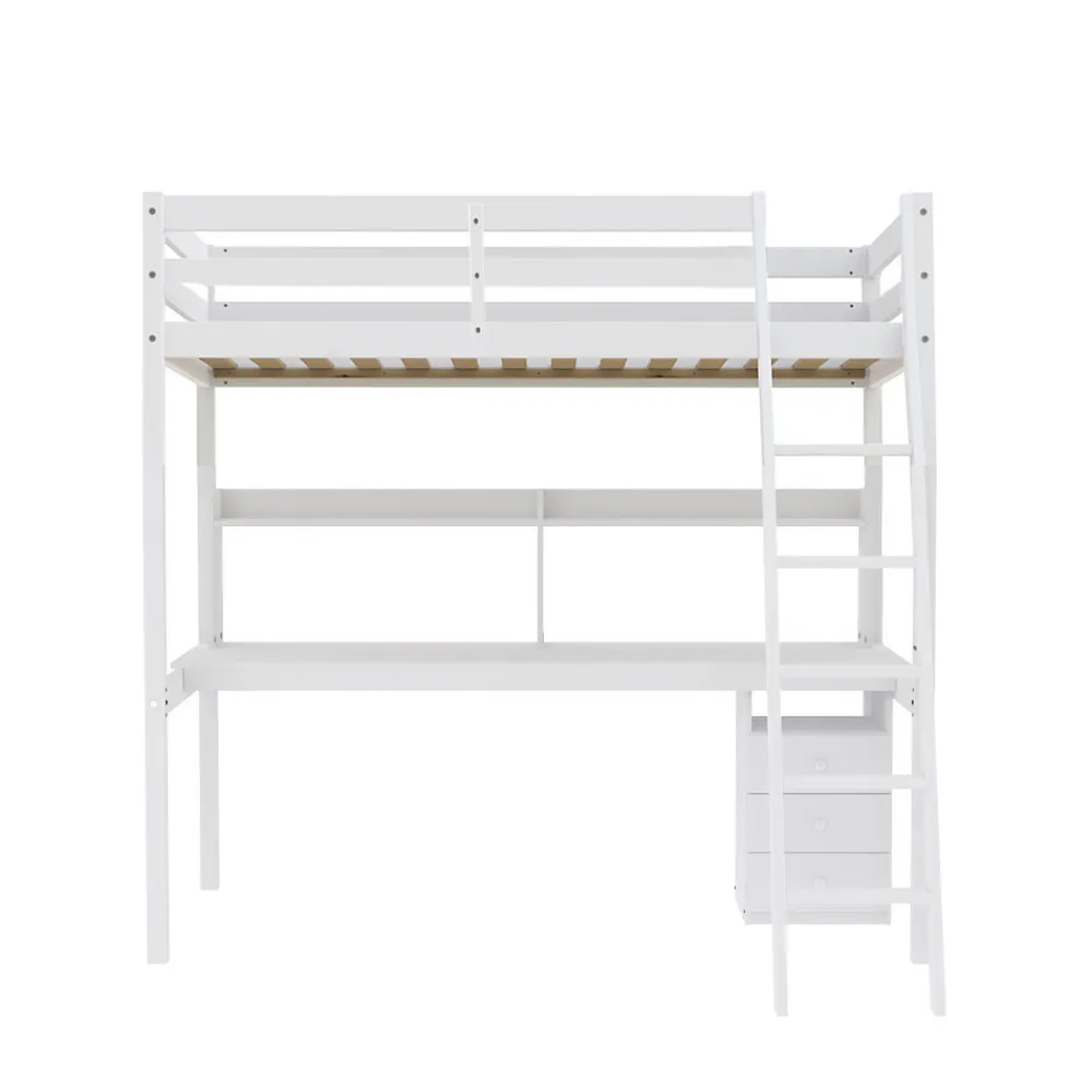 Weber Industries Lit mezzanine STUDIO 90x190 + 1 sommier + caisson 3 tiroirs + bureau + étagère / Blanc* Lit Mezzanine