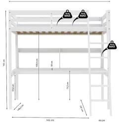 Weber Industries Lit mezzanine STUDIO 140x190 + 1 sommier + bureau + étagère / Blanc* Lit Mezzanine
