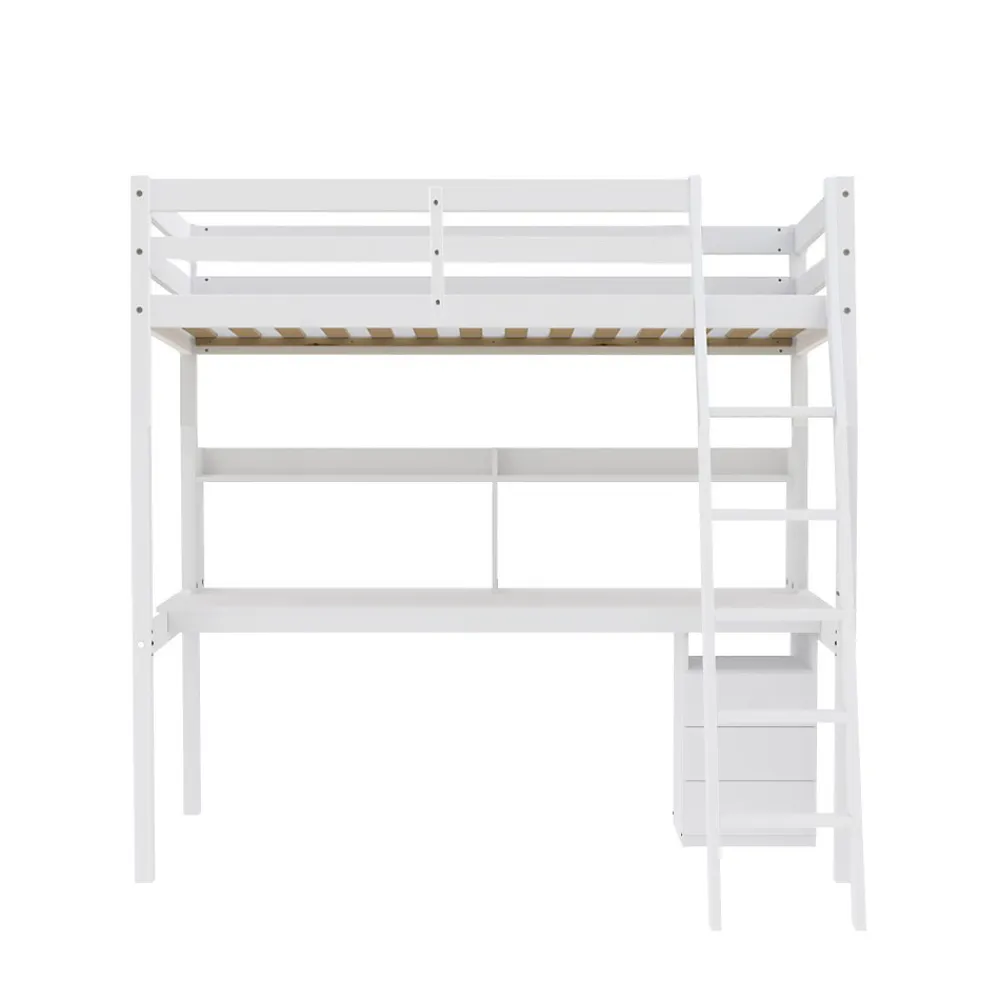 Weber Industries Lit mezzanine STUDIO 140x190 + 1 sommier + caisson 3 tiroirs + bureau + étagère / Blanc* Lit Mezzanine