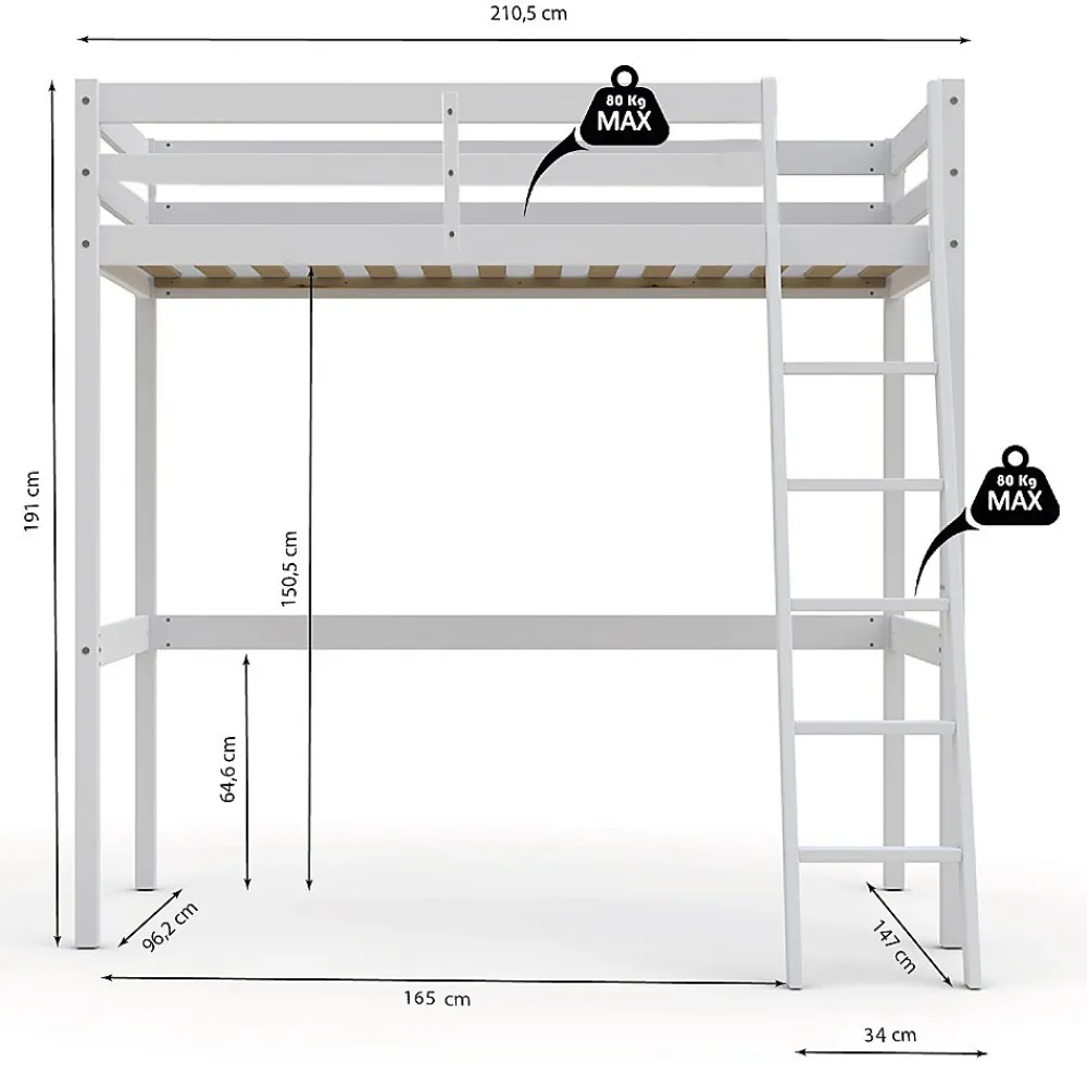 Weber Industries Lit mezzanine STUDIO 90x200 + 1 sommier / Blanc* Lit Mezzanine
