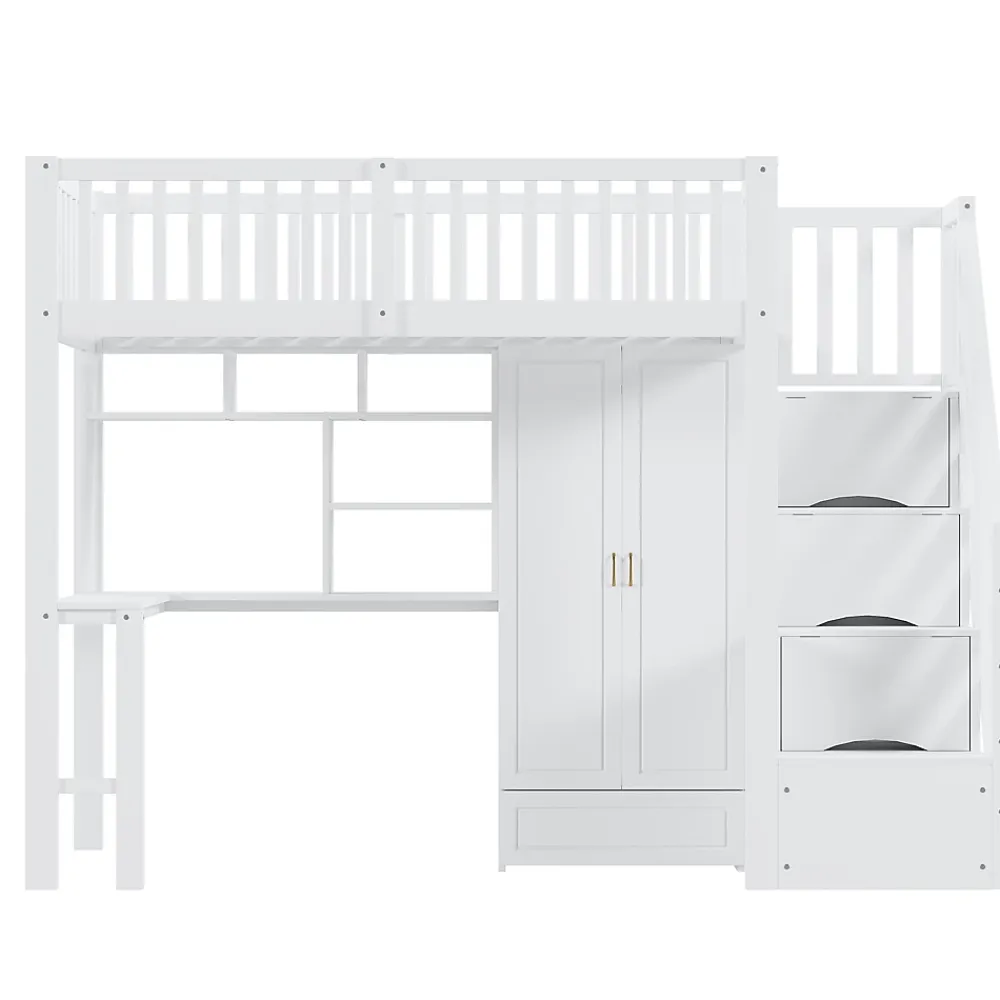 Okwish Lit Mezzanine 90x200 - Lit Enfant avec Bureau, Armoire et Rangements Intégrés, Design Pratique et Moderne, Bois Blanc* Lit Mezzanine