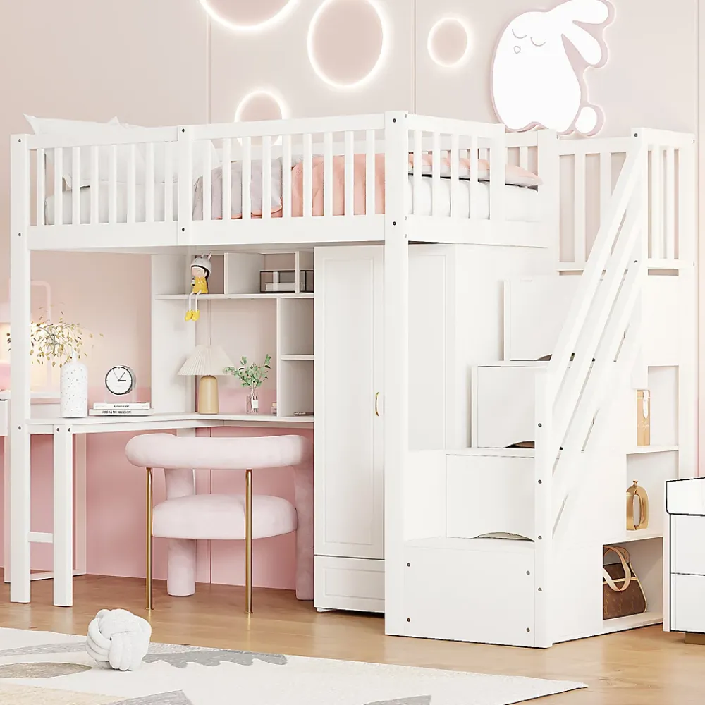Okwish Lit Mezzanine 90x200 - Lit Enfant avec Bureau, Armoire et Rangements Intégrés, Design Pratique et Moderne, Bois Blanc* Lit Mezzanine