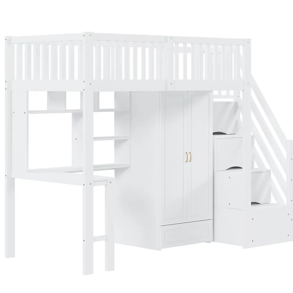 Okwish Lit Mezzanine 90x200 - Lit Enfant avec Bureau, Armoire et Rangements Intégrés, Design Pratique et Moderne, Bois Blanc* Lit Mezzanine