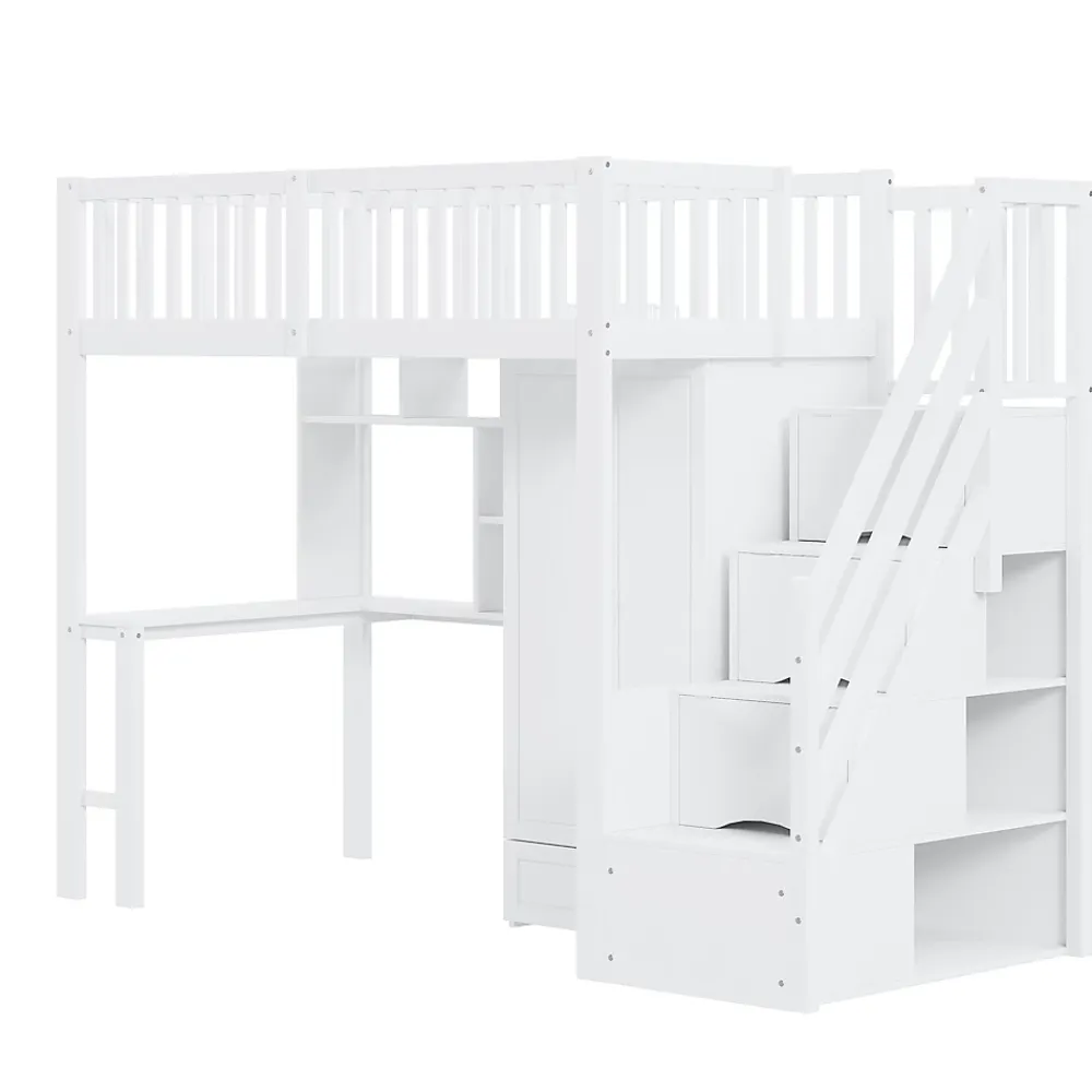 Okwish Lit Mezzanine 90x200 - Lit Enfant avec Bureau, Armoire et Rangements Intégrés, Design Pratique et Moderne, Bois Blanc* Lit Mezzanine