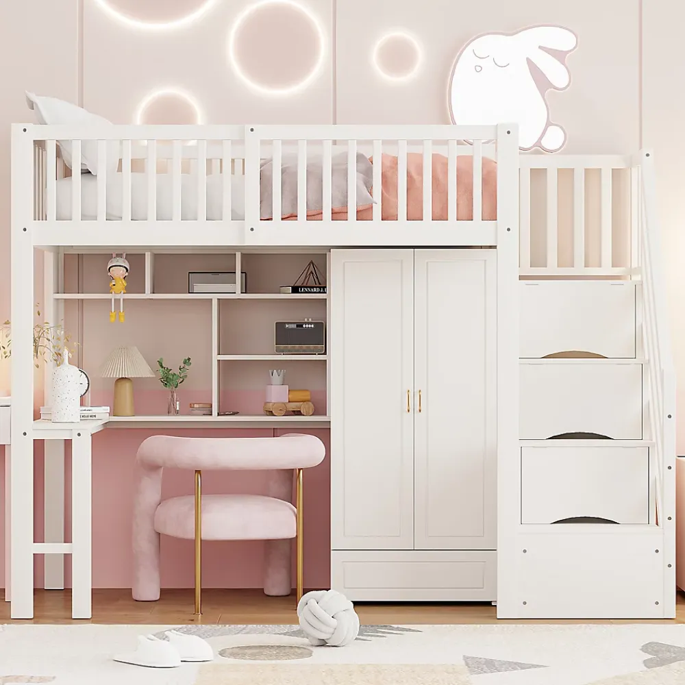 Okwish Lit Mezzanine 90x200 - Lit Enfant avec Bureau, Armoire et Rangements Intégrés, Design Pratique et Moderne, Bois Blanc* Lit Mezzanine