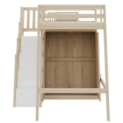 Okwish Lit Mezzanine 90x200 cm - avec Échelle Sécurisée, Rangement Intégré et Armoire - Bois Massif Naturel, Sans Matelas, Naturel* Lit Mezzanine