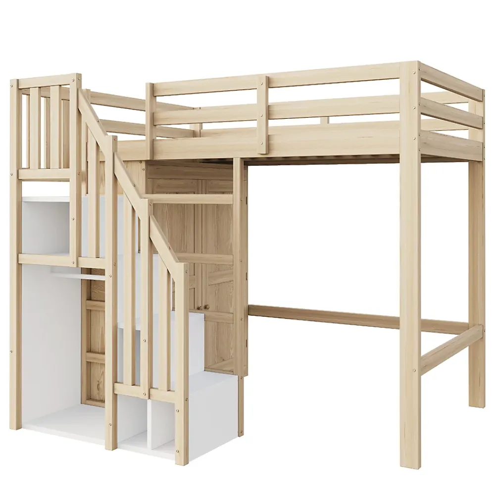 Okwish Lit Mezzanine 90x200 cm - avec Échelle Sécurisée, Rangement Intégré et Armoire - Bois Massif Naturel, Sans Matelas, Naturel* Lit Mezzanine
