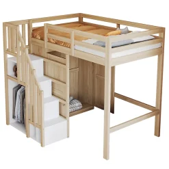 Okwish Lit Mezzanine 90x200 cm - avec Échelle Sécurisée, Rangement Intégré et Armoire - Bois Massif Naturel, Sans Matelas, Naturel* Lit Mezzanine