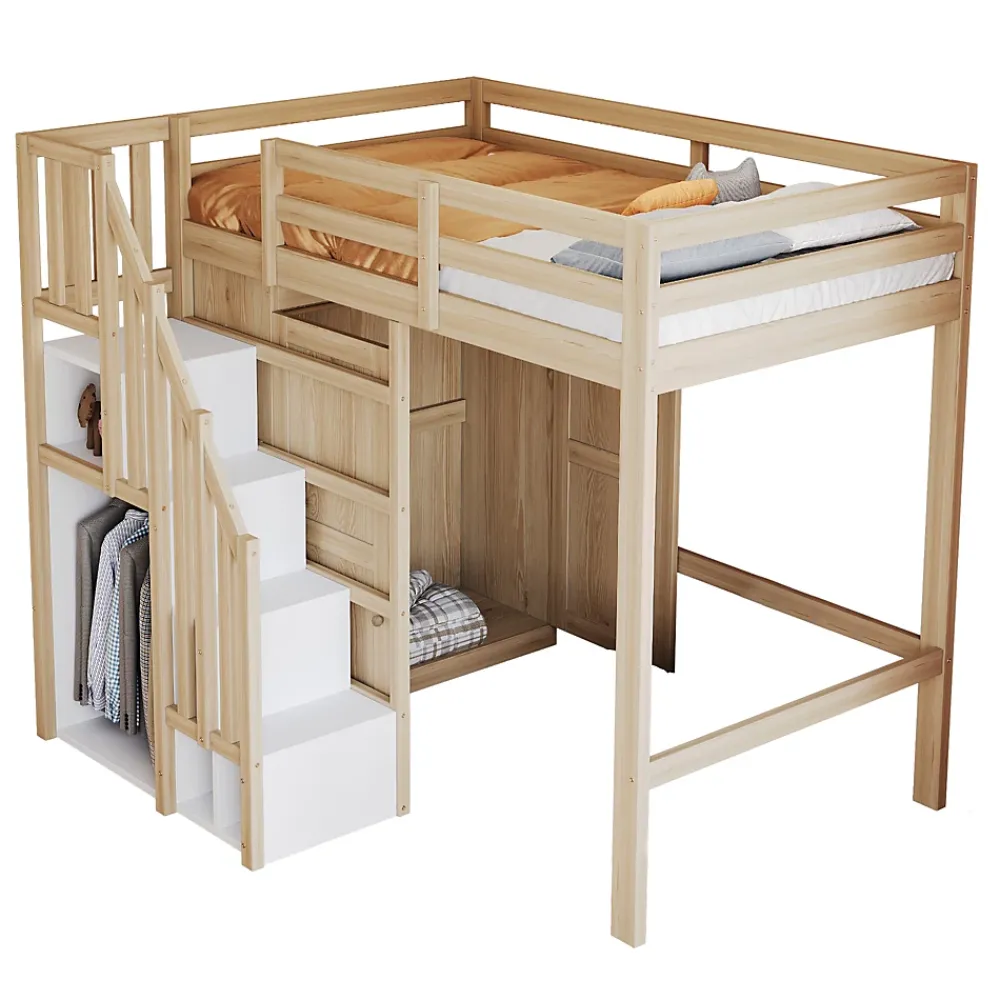 Okwish Lit Mezzanine 90x200 cm - avec Échelle Sécurisée, Rangement Intégré et Armoire - Bois Massif Naturel, Sans Matelas, Naturel* Lit Mezzanine