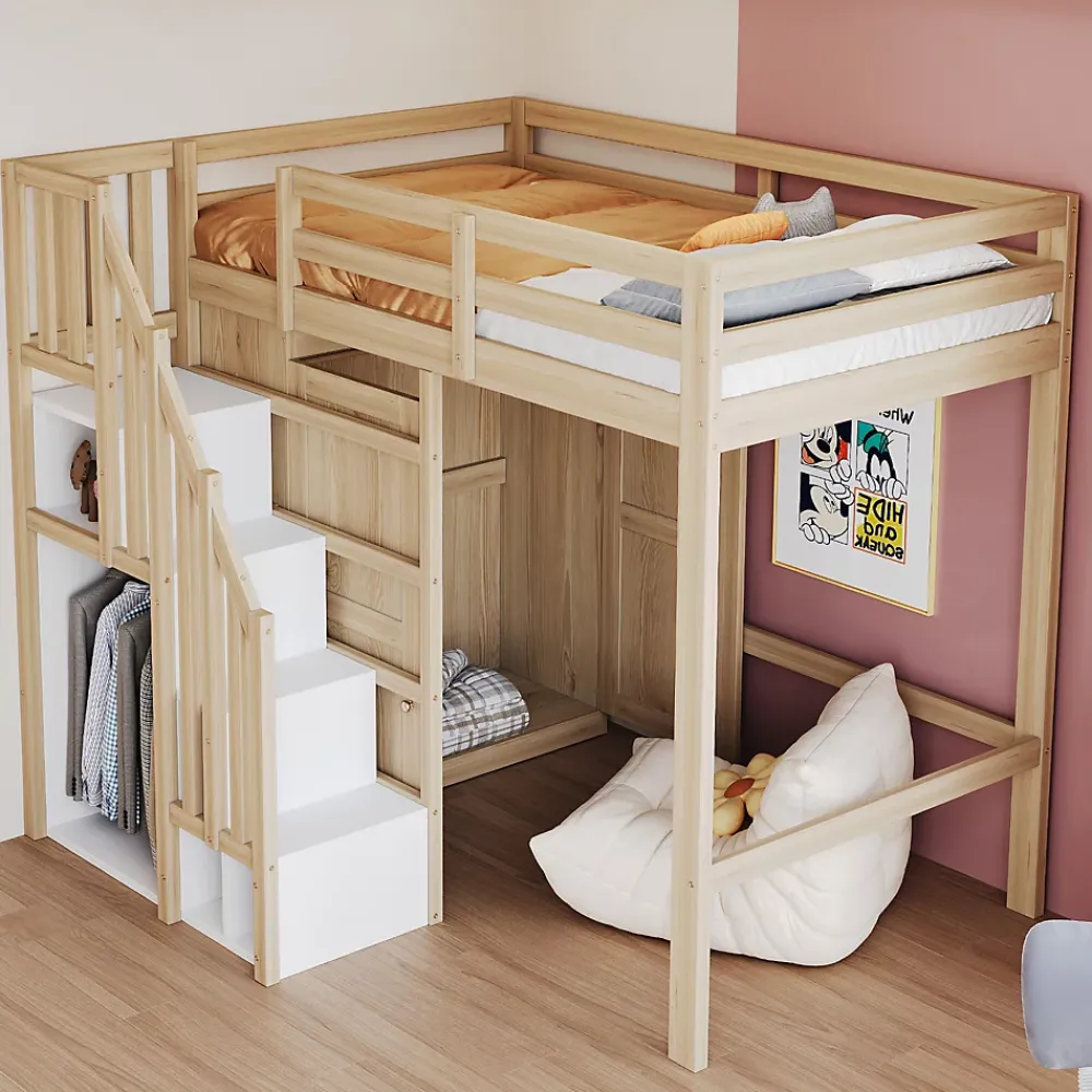 Okwish Lit Mezzanine 90x200 cm - avec Échelle Sécurisée, Rangement Intégré et Armoire - Bois Massif Naturel, Sans Matelas, Naturel* Lit Mezzanine