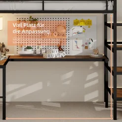 Lit Mezzanine 90x190 cm - avec Bureau en L et Escalier, Garde-Corps Continu, Structure en Métal, sans Matelas, Noir><noscript><img width=