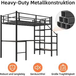 Lit Mezzanine 90x190 cm - avec Bureau en L et Escalier, Garde-Corps Continu, Structure en Métal, sans Matelas, Noir><noscript><img width=