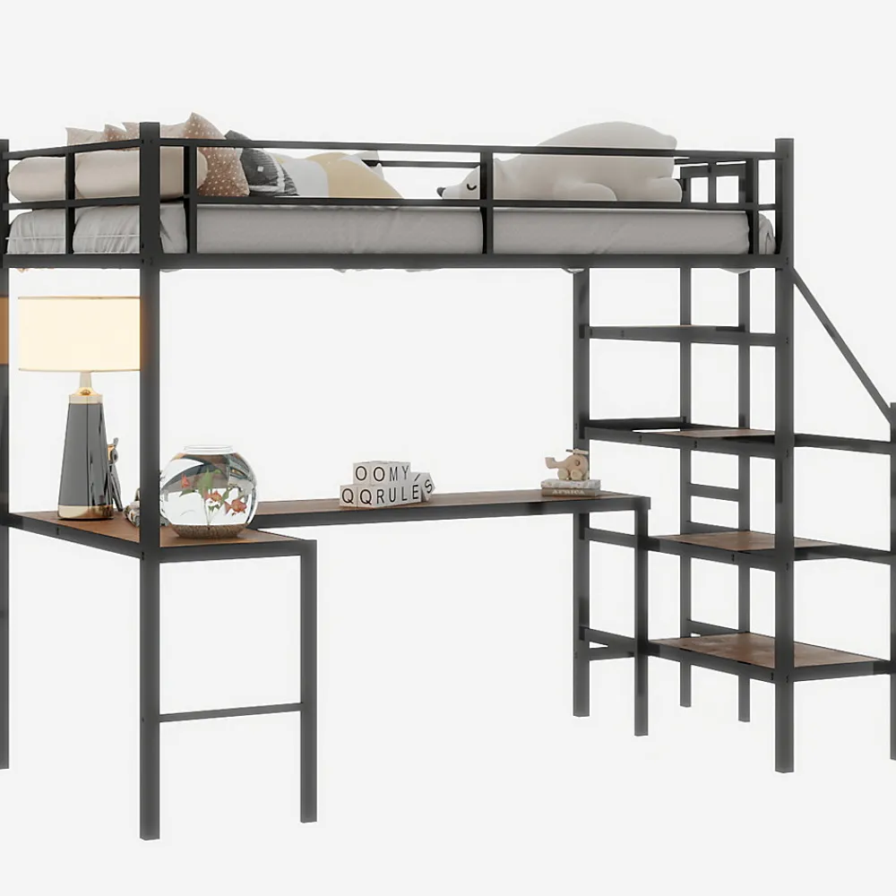 Lit Mezzanine 90x190 cm - avec Bureau en L et Escalier, Garde-Corps Continu, Structure en Métal, sans Matelas, Noir>Okwish Online