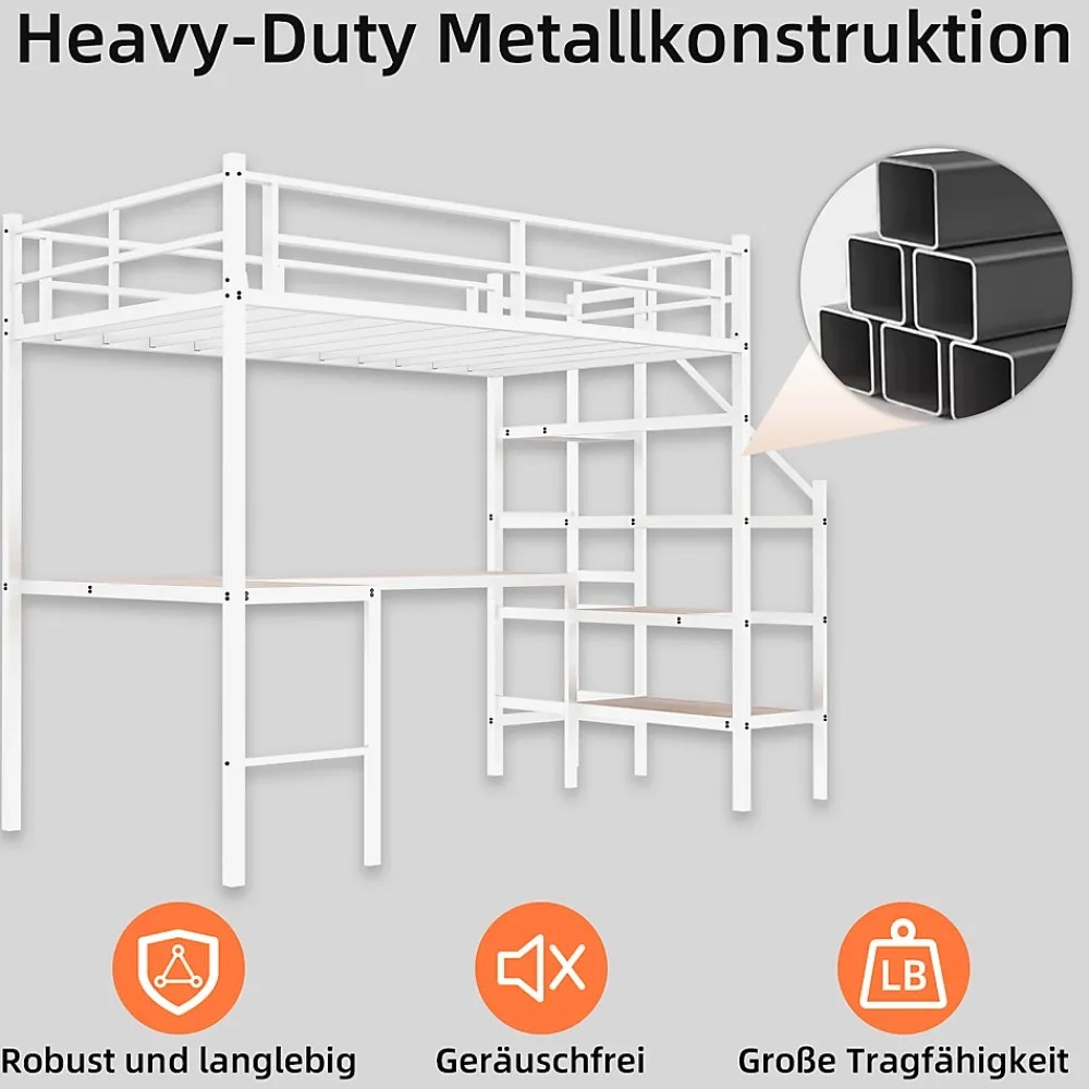 Okwish Lit Mezzanine 90x190 cm - avec Bureau en L et Escalier, Garde-Corps Continu, Structure en Métal, sans Matelas, Blanc* Lit Mezzanine