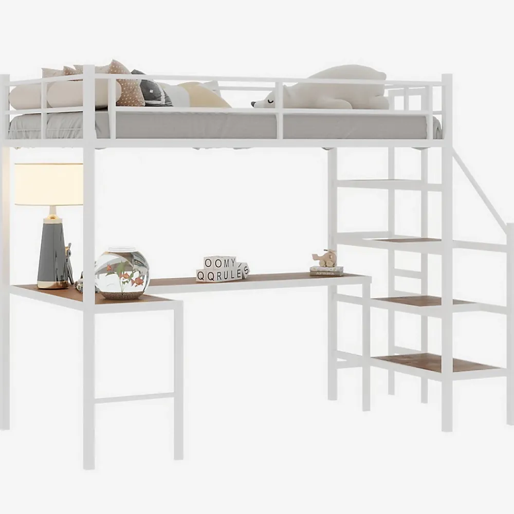 Okwish Lit Mezzanine 90x190 cm - avec Bureau en L et Escalier, Garde-Corps Continu, Structure en Métal, sans Matelas, Blanc* Lit Mezzanine