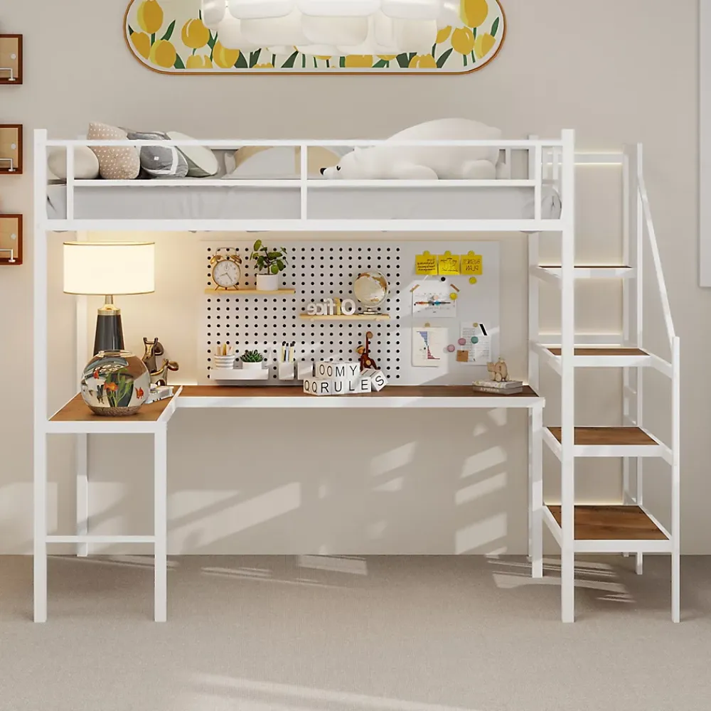 Okwish Lit Mezzanine 90x190 cm - avec Bureau en L et Escalier, Garde-Corps Continu, Structure en Métal, sans Matelas, Blanc* Lit Mezzanine