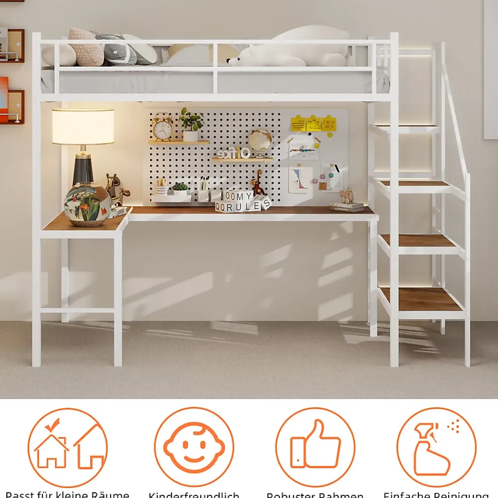 Okwish Lit Mezzanine 90x190 cm - avec Bureau en L et Escalier, Garde-Corps Continu, Structure en Métal, sans Matelas, Blanc* Lit Mezzanine