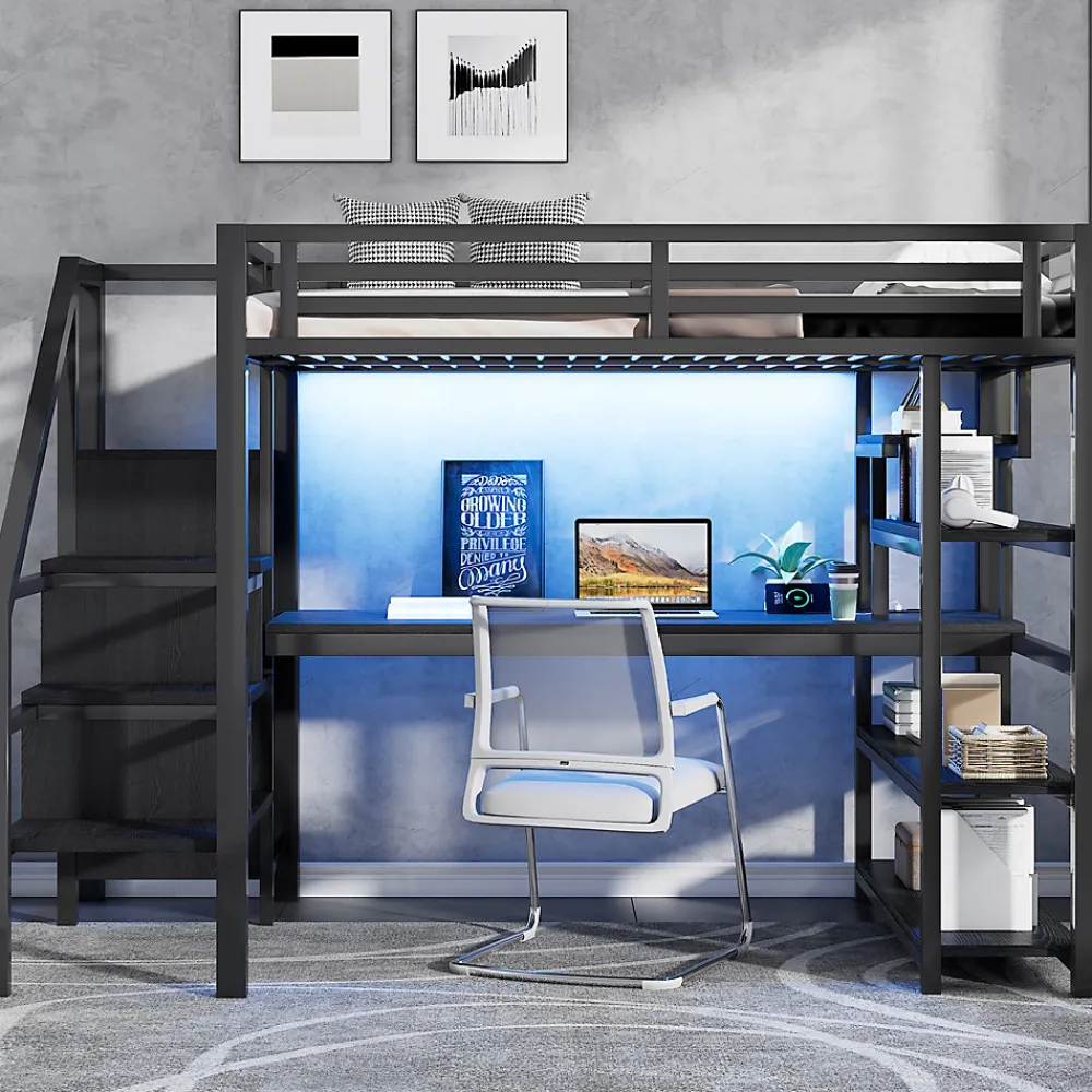 Lit Mezzanine 140x200 cm - avec Bureau Intégré et Rangement, LED et Ports USB - Métal - Noir>Okwish Sale