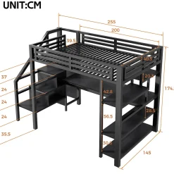 Lit Mezzanine 140x200 cm - avec Bureau Intégré et Rangement, LED et Ports USB - Métal - Noir><noscript><img width=