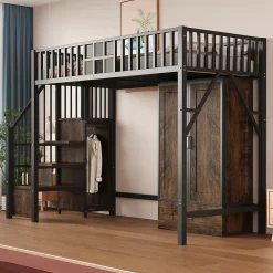 Lit Mezzanine 90x200 cm - avec Armoire, Tiroirs et Échelle de Rangement, Garde-Corps Sécurisé, Métal Noir>Okwish Outlet