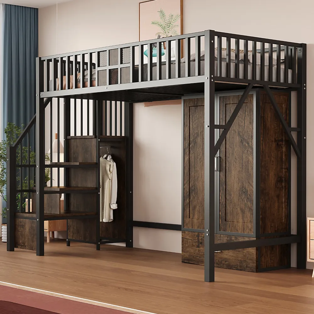 Lit Mezzanine 90x200 cm - avec Armoire, Tiroirs et Échelle de Rangement, Garde-Corps Sécurisé, Métal Noir>Okwish Outlet
