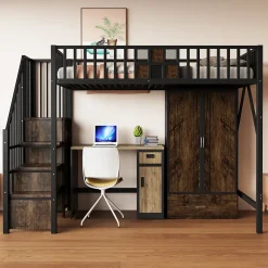 Lit Mezzanine 90x200 cm - avec Armoire, Tiroirs et Échelle de Rangement, Garde-Corps Sécurisé, Métal Noir>Okwish Outlet