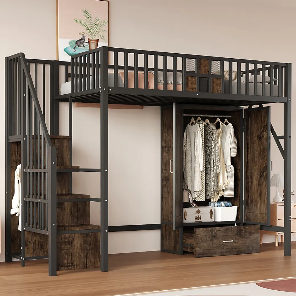 Lit Mezzanine 90x200 cm - avec Armoire, Tiroirs et Échelle de Rangement, Garde-Corps Sécurisé, Métal Noir>Okwish Outlet