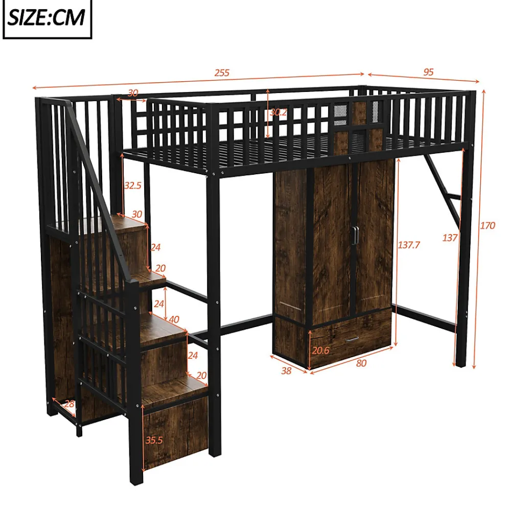 Lit Mezzanine 90x200 cm - avec Armoire, Tiroirs et Échelle de Rangement, Garde-Corps Sécurisé, Métal Noir>Okwish Outlet