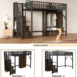 Lit Mezzanine 90x200 cm - avec Armoire, Tiroirs et Échelle de Rangement, Garde-Corps Sécurisé, Métal Noir><noscript><img width=