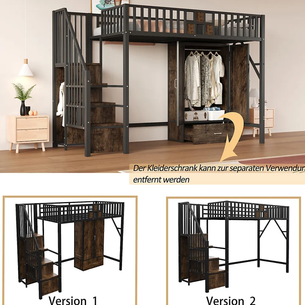 Lit Mezzanine 90x200 cm - avec Armoire, Tiroirs et Échelle de Rangement, Garde-Corps Sécurisé, Métal Noir>Okwish Outlet