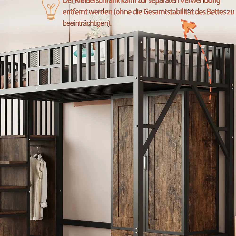 Lit Mezzanine 90x200 cm - avec Armoire, Tiroirs et Échelle de Rangement, Garde-Corps Sécurisé, Métal Noir>Okwish Outlet