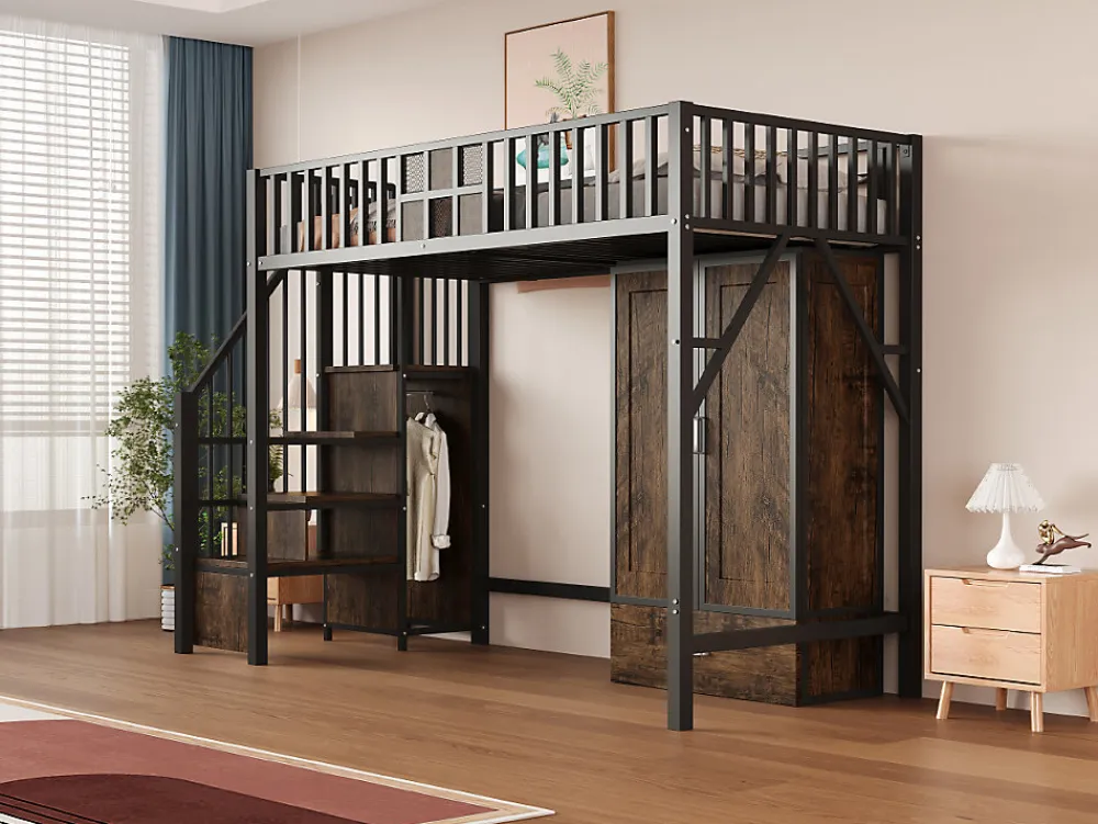 Lit Mezzanine 90x200 cm - avec Armoire, Tiroirs et Échelle de Rangement, Garde-Corps Sécurisé, Métal Noir>Okwish Outlet