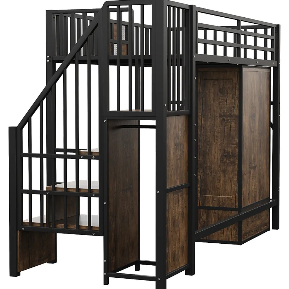 Lit Mezzanine 90x200 cm - avec Armoire, Tiroirs et Échelle de Rangement, Garde-Corps Sécurisé, Métal Noir>Okwish Outlet