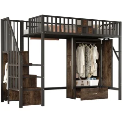 Lit Mezzanine 90x200 cm - avec Armoire, Tiroirs et Échelle de Rangement, Garde-Corps Sécurisé, Métal Noir><noscript><img width=
