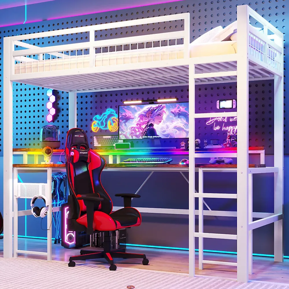 Okwish Lit Mezzanine 90x200 cm - Bureau Intégré, Éclairage LED Réglable et Panneau Perforé - USB, Type-C et 2 Prises - Métal + MDF Blanc* Lit Mezzanine