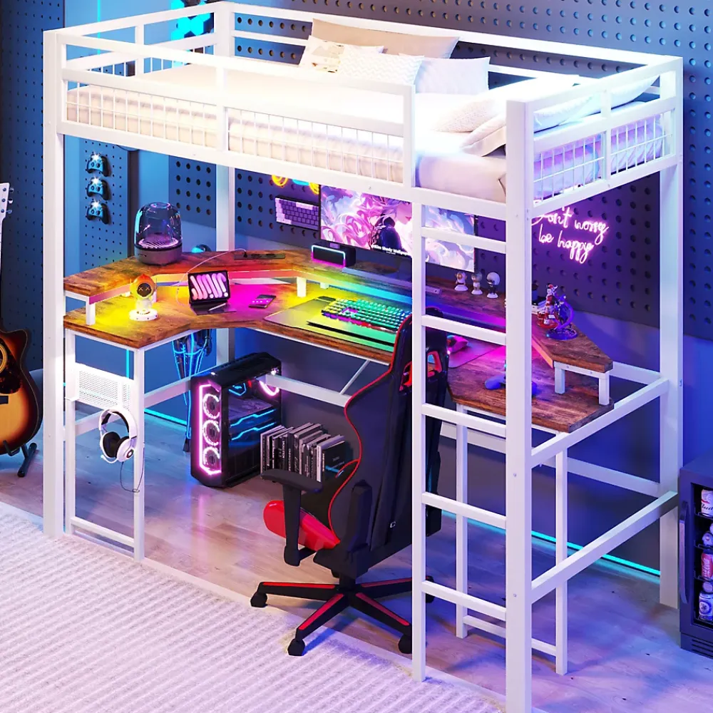 Okwish Lit Mezzanine 90x200 cm - Bureau Intégré, Éclairage LED Réglable et Panneau Perforé - USB, Type-C et 2 Prises - Métal + MDF Blanc* Lit Mezzanine