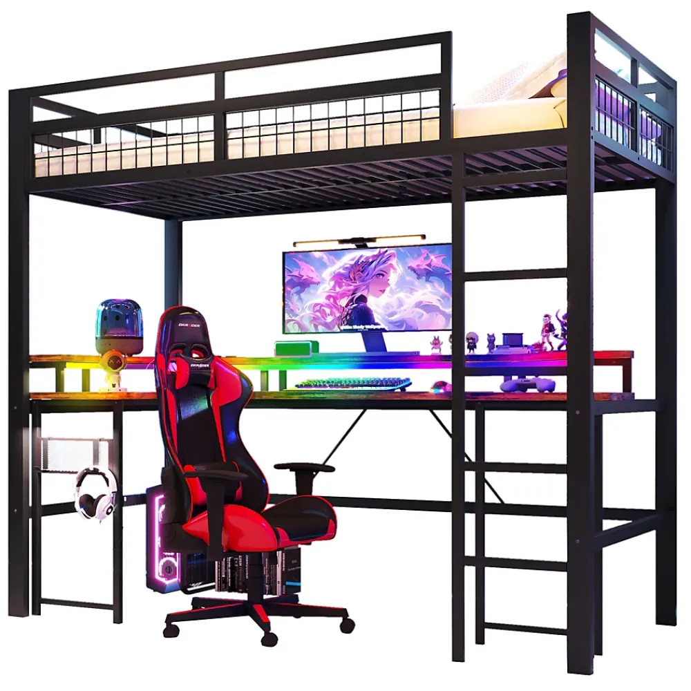 Okwish Lit Mezzanine 90x200 cm - Bureau Intégré, Éclairage LED Réglable et Panneau Perforé - USB, Type-C et 2 Prises - Métal + MDF - Noir* Lit Mezzanine