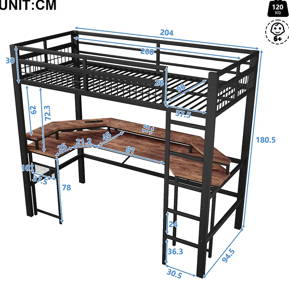 Okwish Lit Mezzanine 90x200 cm - Bureau Intégré, Éclairage LED Réglable et Panneau Perforé - USB, Type-C et 2 Prises - Métal + MDF - Noir* Lit Mezzanine