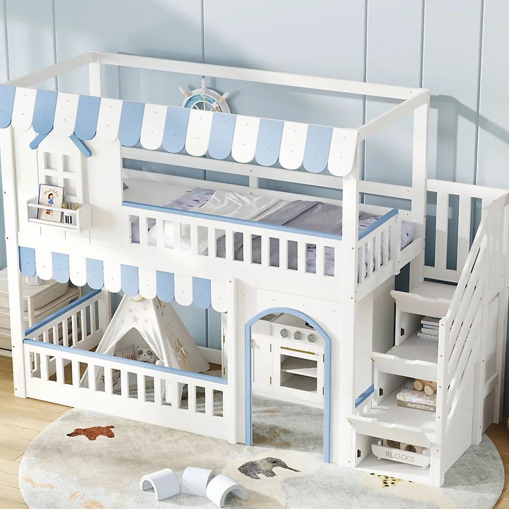 Lit mezzanine 90x200 cm - escalier avec rangement - avec sommier à lattes - bois massif + MDF - Blanc + Bleu (sans matelas)>ModernLuxe Sale