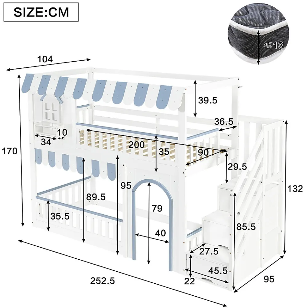 Lit mezzanine 90x200 cm - escalier avec rangement - avec sommier à lattes - bois massif + MDF - Blanc + Bleu (sans matelas)>ModernLuxe Sale