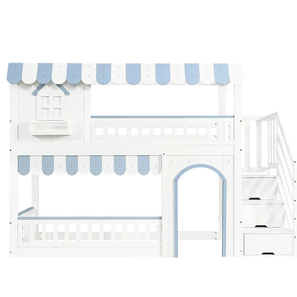 Lit mezzanine 90x200 cm - escalier avec rangement - avec sommier à lattes - bois massif + MDF - Blanc + Bleu (sans matelas)>ModernLuxe Sale