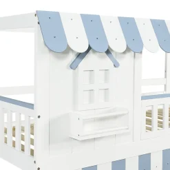 Lit mezzanine 90x200 cm - escalier avec rangement - avec sommier à lattes - bois massif + MDF - Blanc + Bleu (sans matelas)><noscript><img width=
