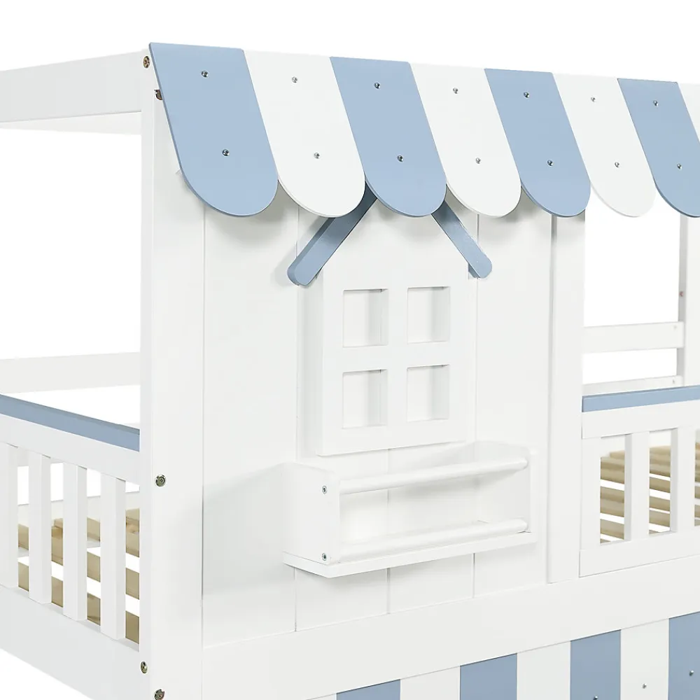 Lit mezzanine 90x200 cm - escalier avec rangement - avec sommier à lattes - bois massif + MDF - Blanc + Bleu (sans matelas)>ModernLuxe Sale