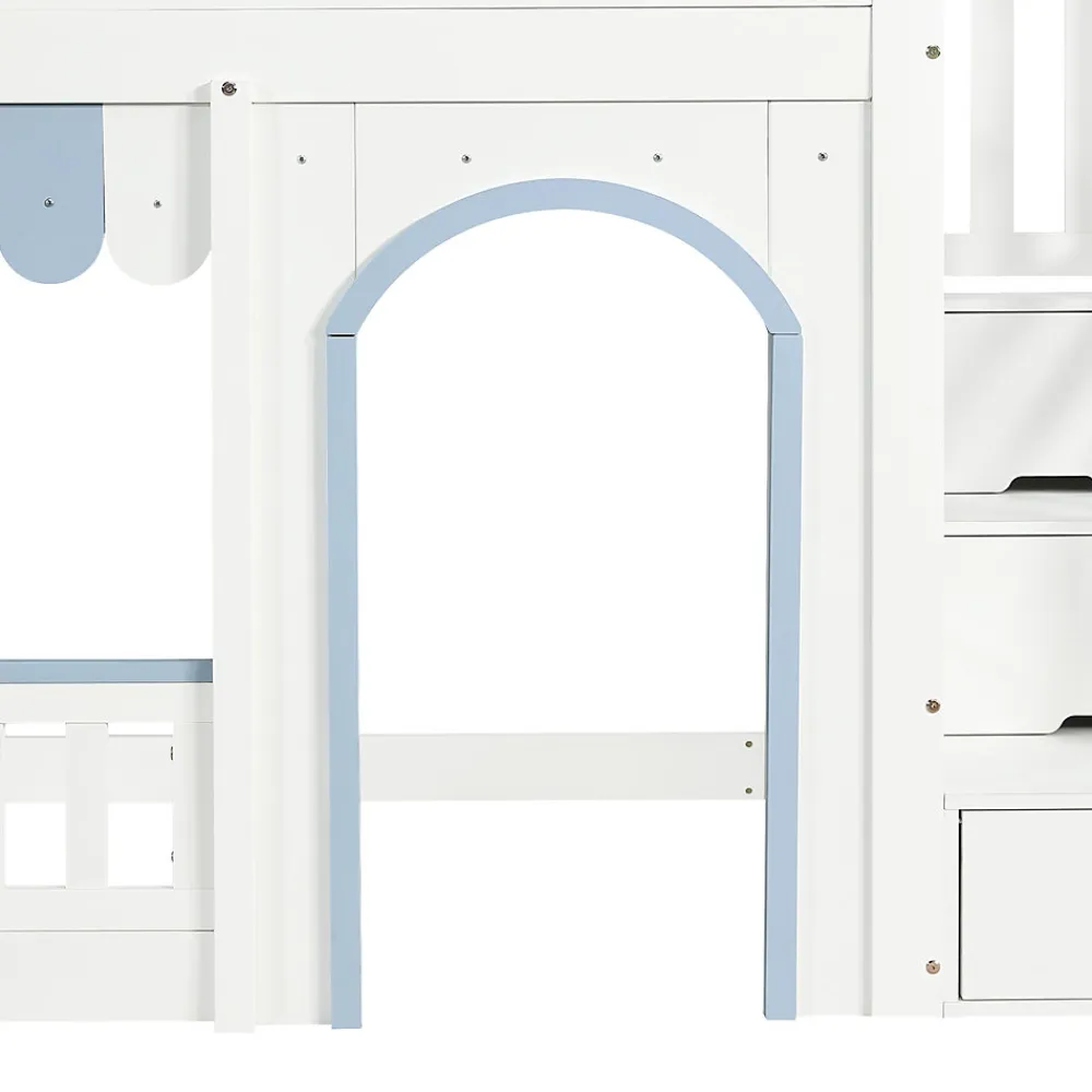 Lit mezzanine 90x200 cm - escalier avec rangement - avec sommier à lattes - bois massif + MDF - Blanc + Bleu (sans matelas)>ModernLuxe Sale
