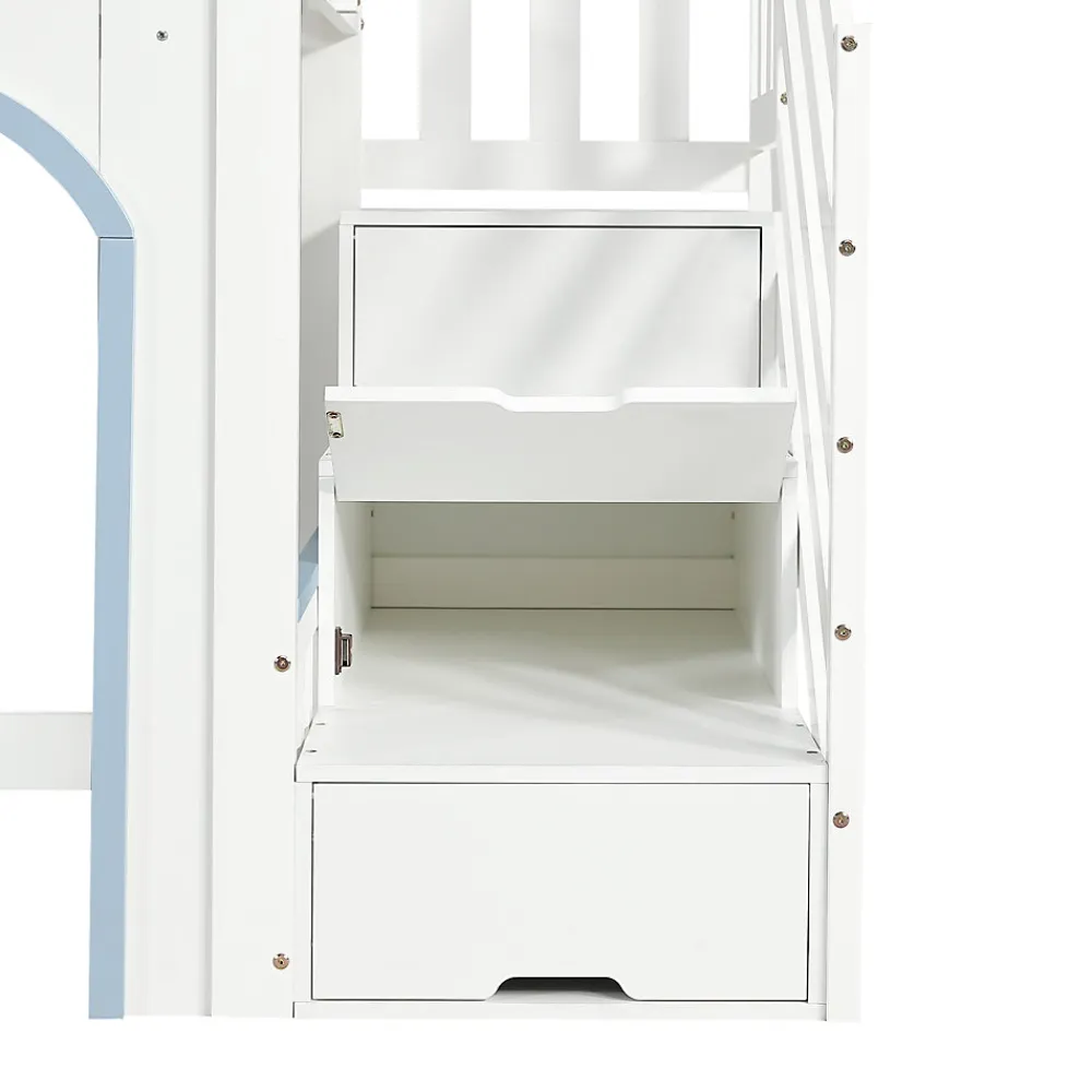 Lit mezzanine 90x200 cm - escalier avec rangement - avec sommier à lattes - bois massif + MDF - Blanc + Bleu (sans matelas)>ModernLuxe Sale